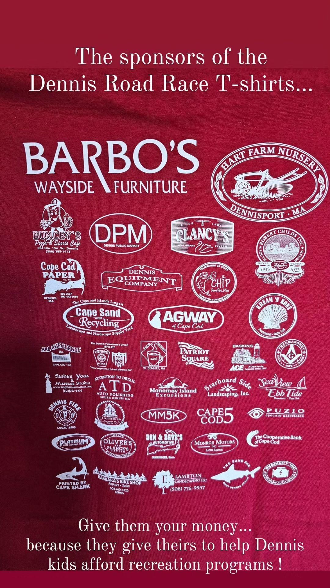 Sponsor logos on the back of the Dennis Road Race shirt